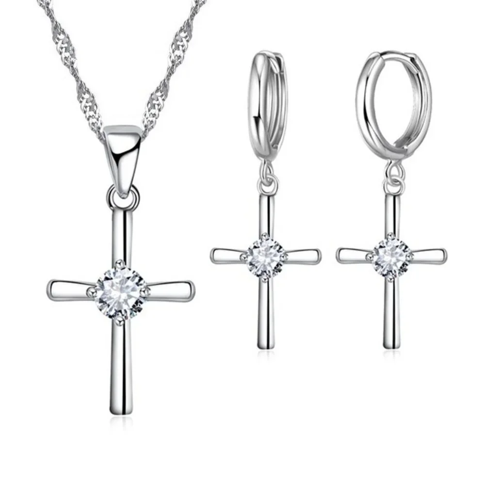 925 Sterling Silver Cross Necklace and Earrings Set Adorable Gift Ensemble - Picture 1 of 7